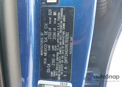 2024 Kia Forte Lxs из США, поврежденный, VIN 3KPF24ADXRE769283